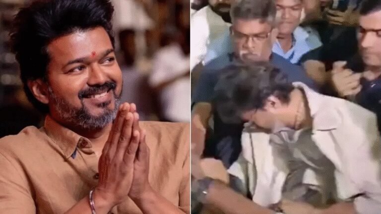 साउथ सिनेमा के सुपरस्टार थलपति विजय भीड़ में घिरे, हालात बेकाबू, भीड़ के दबाव में गिरे सुपरस्टार